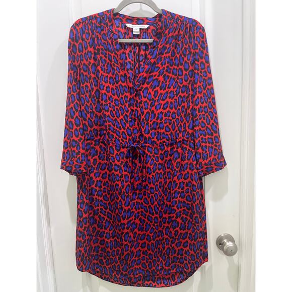 Diane Von Furstenberg Red Blue Leopard Print Shirt Mini Dress Sz 8 - Picture 1 of 7